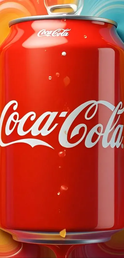 Red Coca-Cola can with colorful background art.