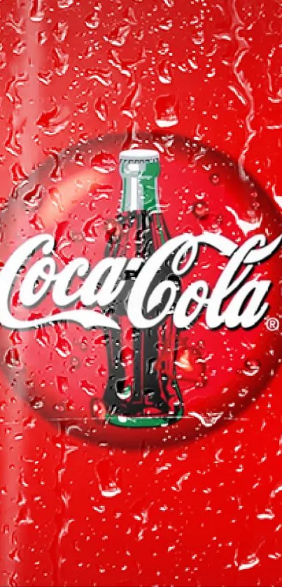 Vibrant Coca-Cola wallpaper with droplets on a red background.