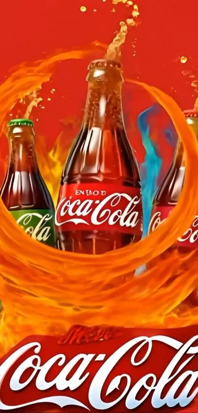 Vibrant Coca-Cola bottles with fiery splash of colors.