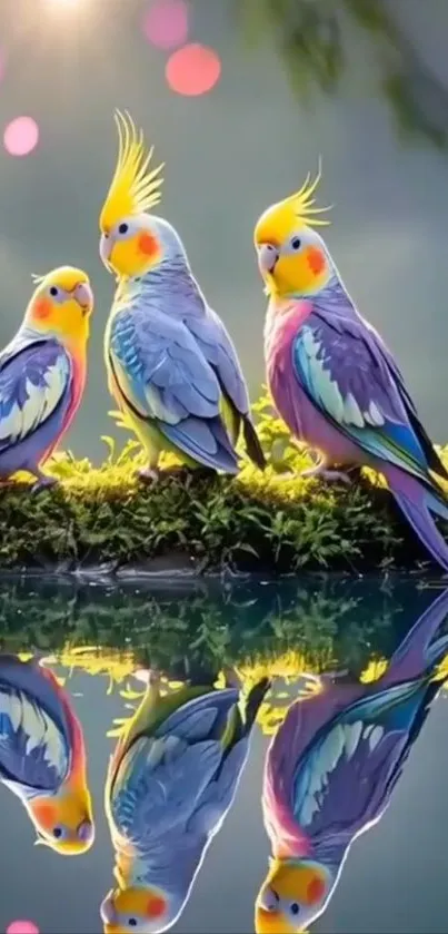 Vibrant cockatiels reflected on water with a mossy background.