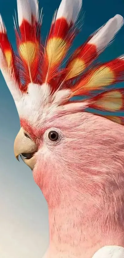 Pink cockatoo with colorful feathers against a blue gradient sky.