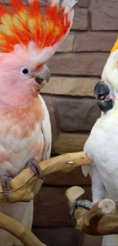 Colorful cockatoos perched on branches, vibrant phone wallpaper.