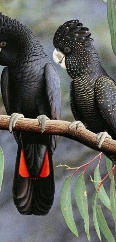 Black cockatoos perched on branch, vibrant and detailed mobile wallpaper.