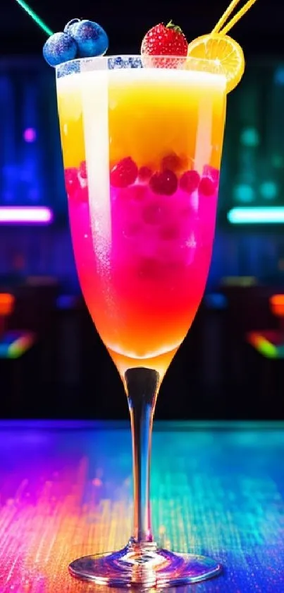 Vibrant cocktail in a glass with colorful lighting in a bar setting.