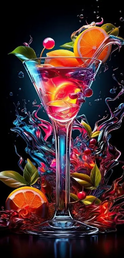 Colorful cocktail art with fruits and splashes, on a black background.