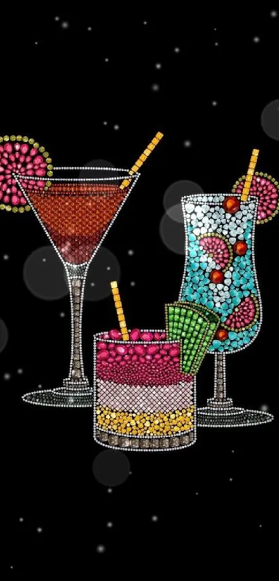 Stylish cocktail art with colorful drinks on black background.