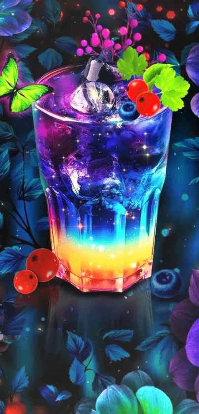 Colorful fantasy cocktail with vibrant flowers and glowing elements.