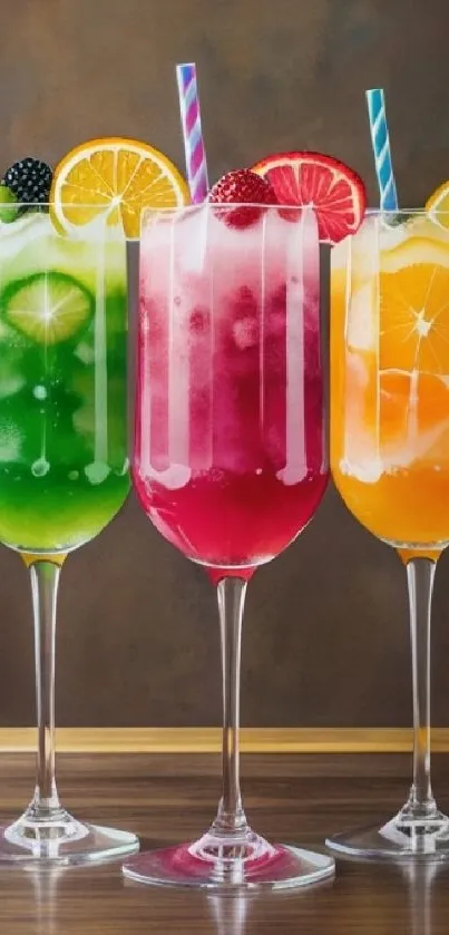 Three colorful cocktails in tall glasses with fruit garnish and straws.