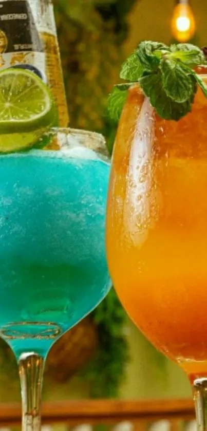 Colorful cocktails in elegant glasses with lime and mint garnish.