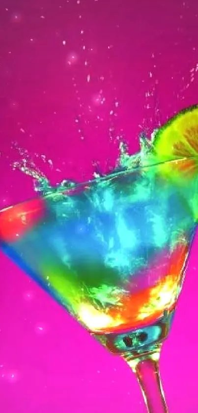 A vibrant cocktail splash with a lime slice in a colorful drink.