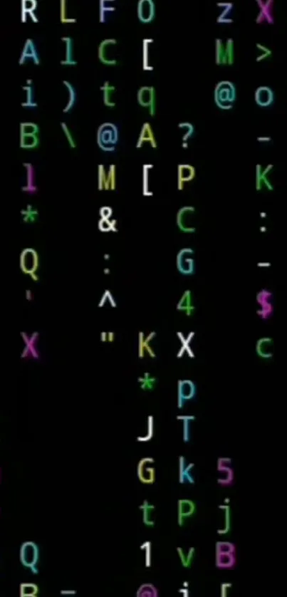 Colorful code symbols on a dark background, ideal for tech wallpapers.