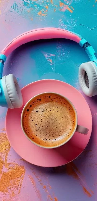 Vibrant teal and pink wallpaper with coffee and headphones design.