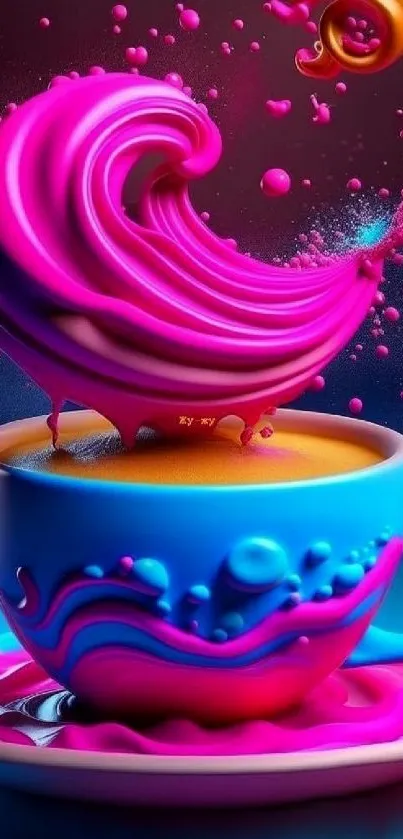 Colorful coffee cup with vibrant pink splash.