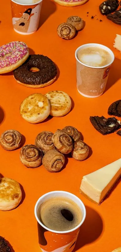 Orange background with coffee and pastries.