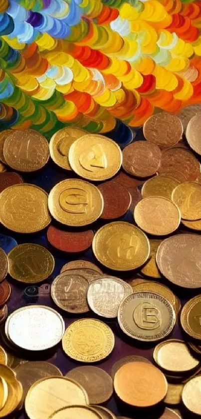 Mobile wallpaper featuring vibrant coins on colorful background.
