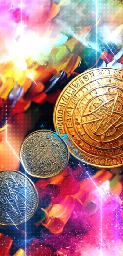 Ancient coins on a vibrant, colorful background for mobile wallpaper.