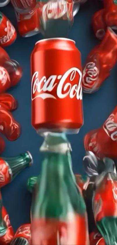 Vibrant display of Coca-Cola cans and bottles on a mobile wallpaper.