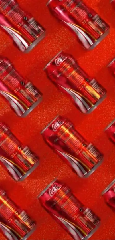 Vibrant red wallpaper with cola cans in a repeating pattern.