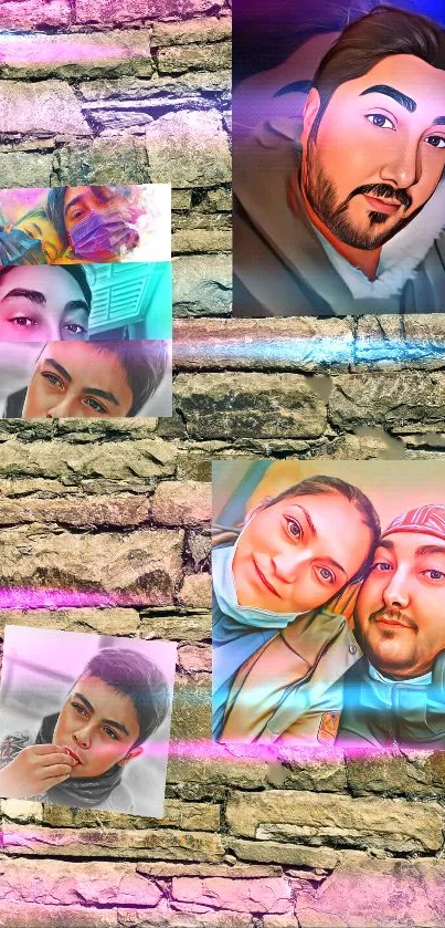 Artistic portrait collage on a textured brick wall background in vibrant colors.