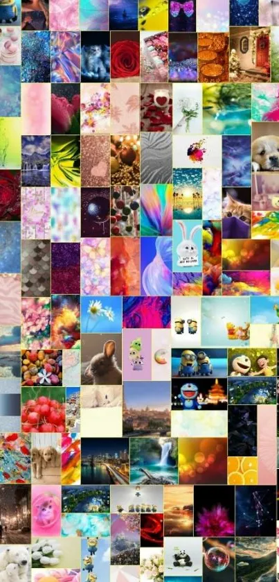 Vibrant and colorful phone collage wallpaper with nature, animals, and abstract designs.