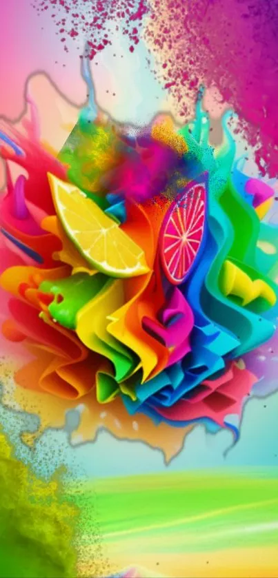 Vibrant abstract artwork with citrus fruits in rainbow colors.