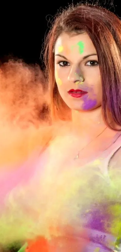 Woman surrounded by vibrant powder explosion, colorful and dynamic art.