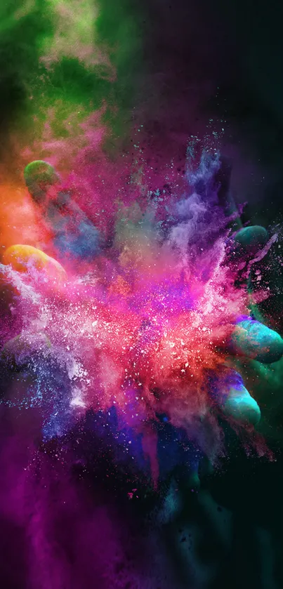 Vibrant explosion of colors including purple, green, and orange on a dark background.