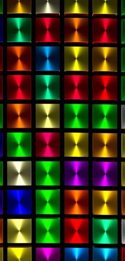 Colorful grid wallpaper with vibrant, luminous squares on a black background.
