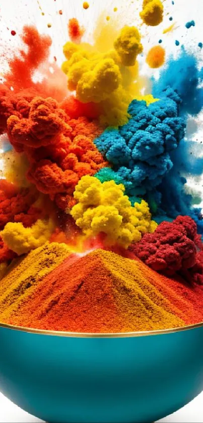 Exploding vibrant colors of powder in a teal bowl.