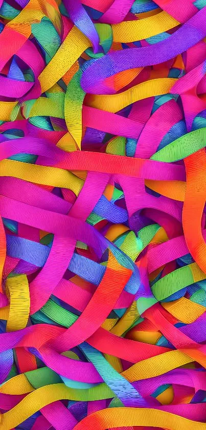 Vibrant ribbon wallpaper with pink, yellow, blue and orange hues.