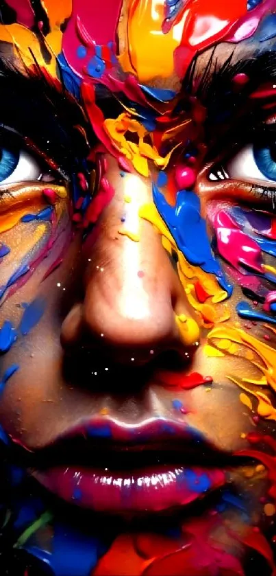 Colorful abstract face with vibrant paint splash art.