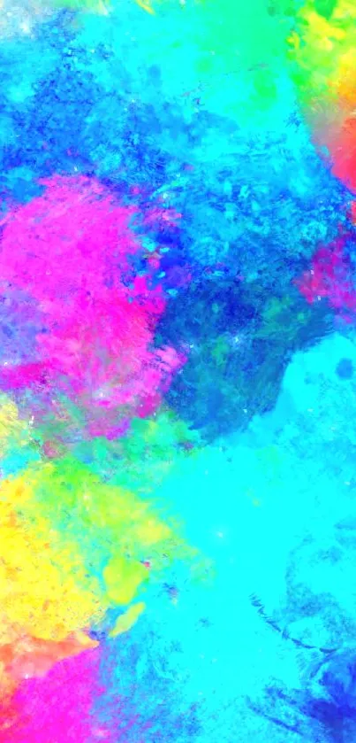 Vibrant abstract splash wallpaper with blue, pink, and yellow hues.