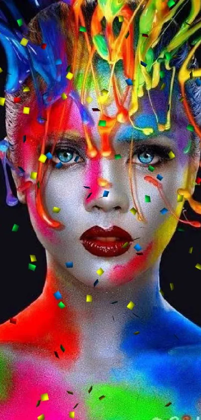 Vibrant portrait with colorful paint splashes on a dark background.