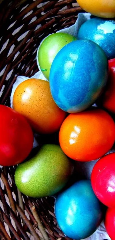 Vibrant Easter eggs in a woven basket, showcasing rich colors.