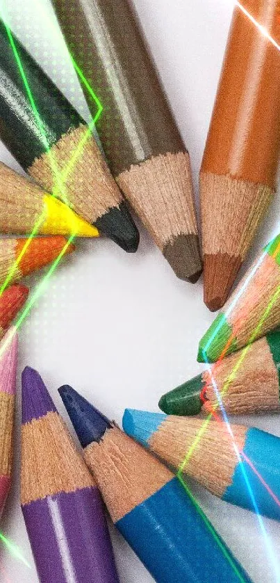 Vibrant mobile wallpaper with colorful pencils arranged in a circle.