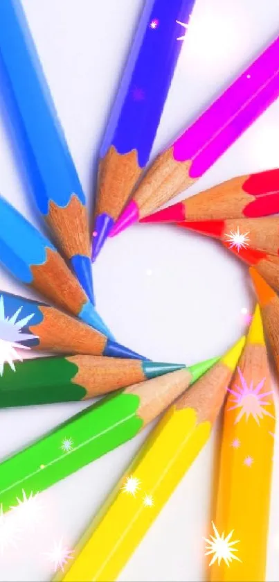 Vibrant colored pencils form a circle on a white background.