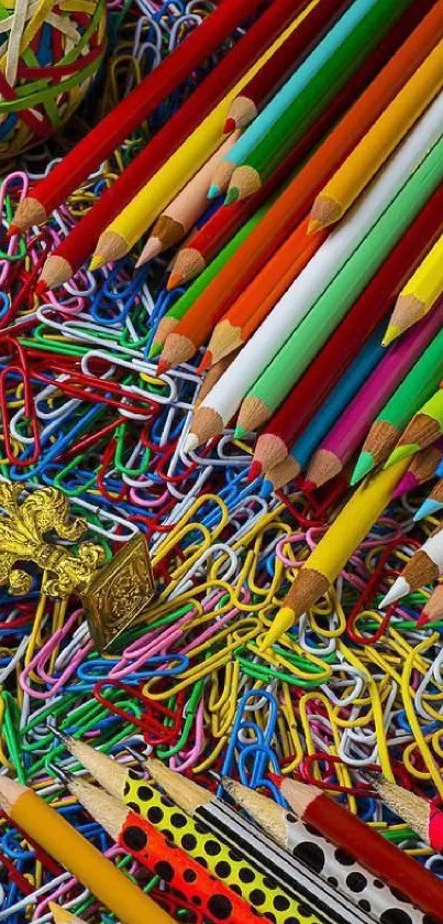 Artful arrangement of colorful pencils and paperclips mobile wallpaper.