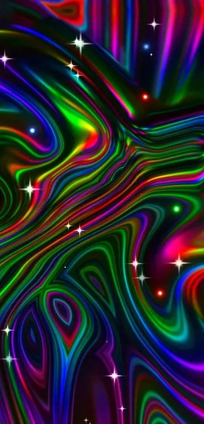 Vibrant colorful abstract wallpaper with swirling neon patterns.