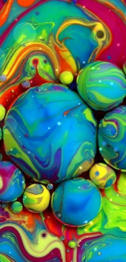 Vibrant abstract wallpaper with colorful swirling patterns and bubbles.