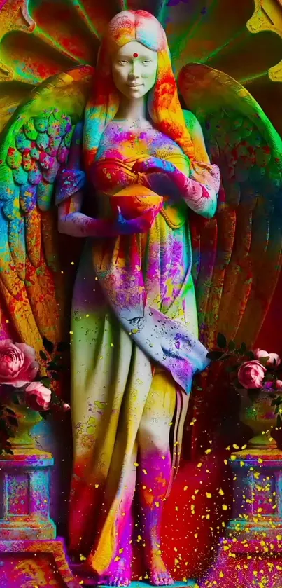 Colorful angel statue with vibrant colors and artistic design.