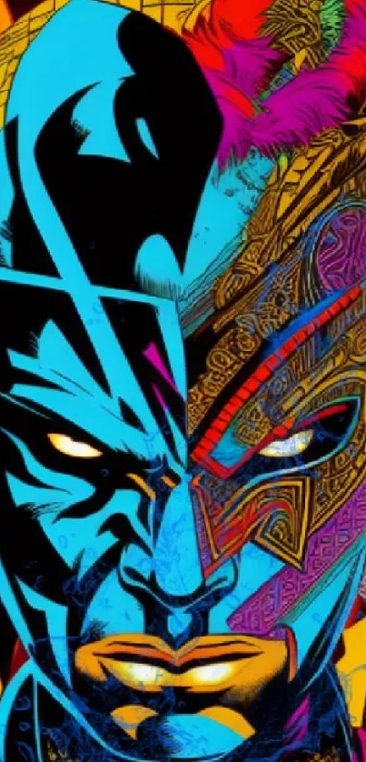 Vibrant artistic wallpaper with blue and red split face design.