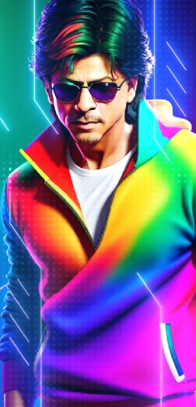 Vibrant colorful wallpaper of a stylish person in a rainbow-hued jacket.