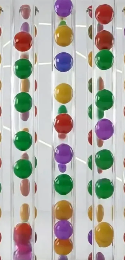 Vibrant wallpaper with colorful balls in transparent tubes.