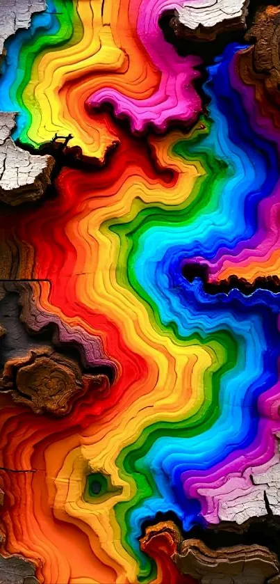 Vibrant multicolor pattern on tree bark texture.