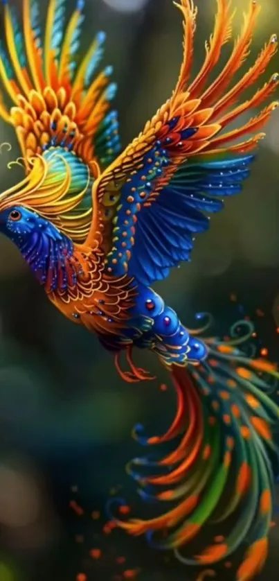 Colorful bird in flight with vibrant feathers on a mobile wallpaper.