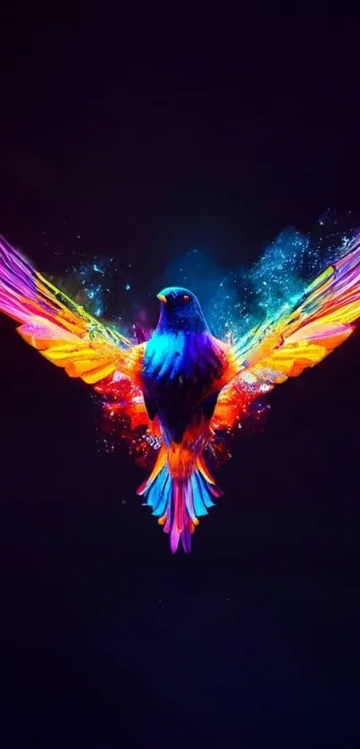 Vibrant colorful bird with neon wings on a dark background.