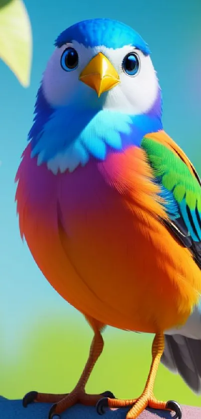 Vibrant colorful bird with blue and orange feathers on a mobile wallpaper.