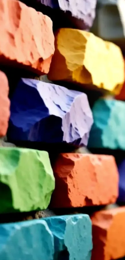 Colorful textured brick wall in vibrant hues.
