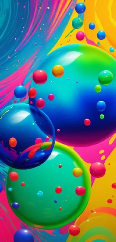 Vibrant wallpaper with colorful bubbles and swirling patterns.