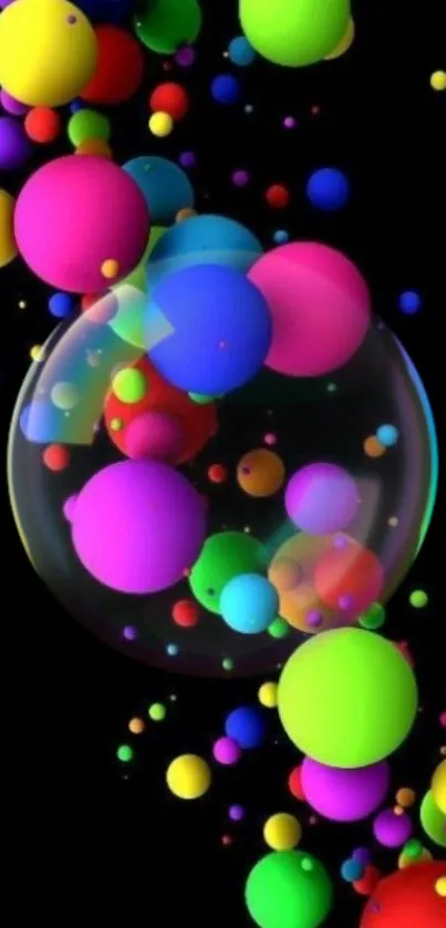 Colorful bubbles floating on black background.